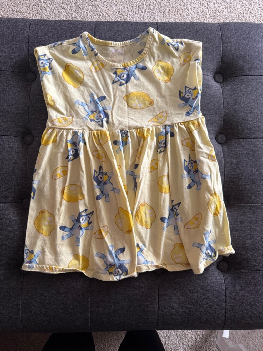Girls' Yellow Lemon Print Casual Dress with Blue Character